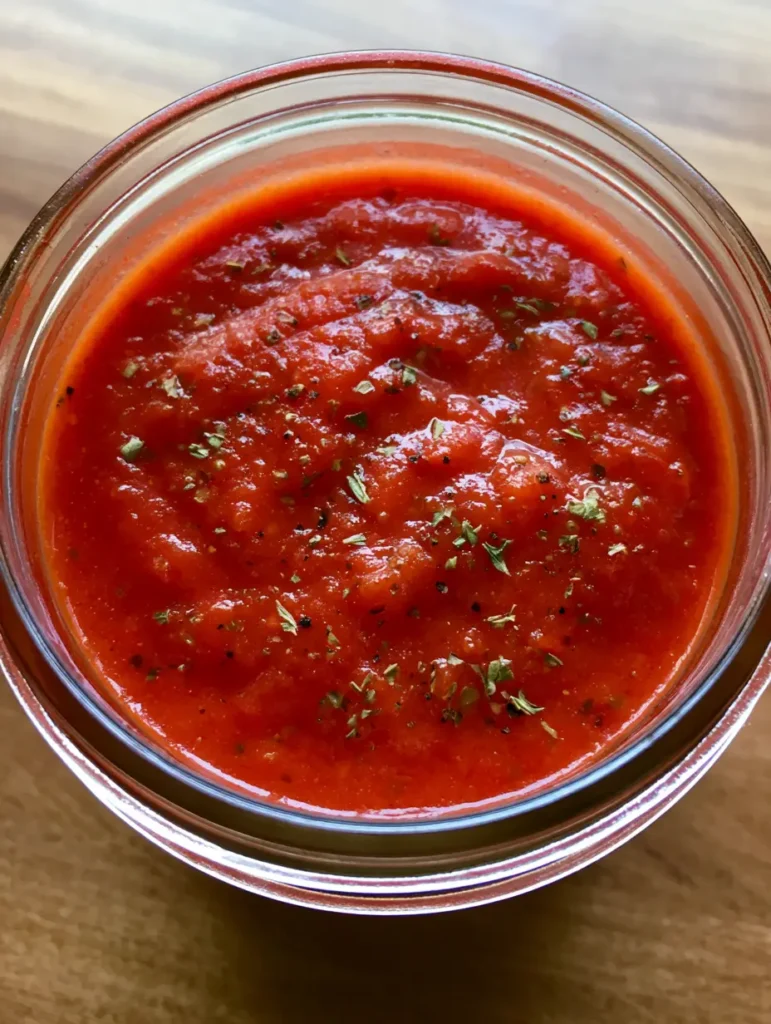 Homemade Pizza Sauce in a mason jar on a neutral wooden surface in natural daylight.