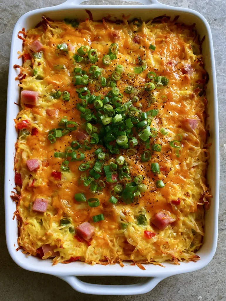 Denver Omelette Hashbrown Casserole: The Ultimate Cheesy Brunch Bake 1 Overhead view of a rectangular white baking dish filled with Denver Omelette Hashbrown Casserole, topped with green onions and cracked black pepper.