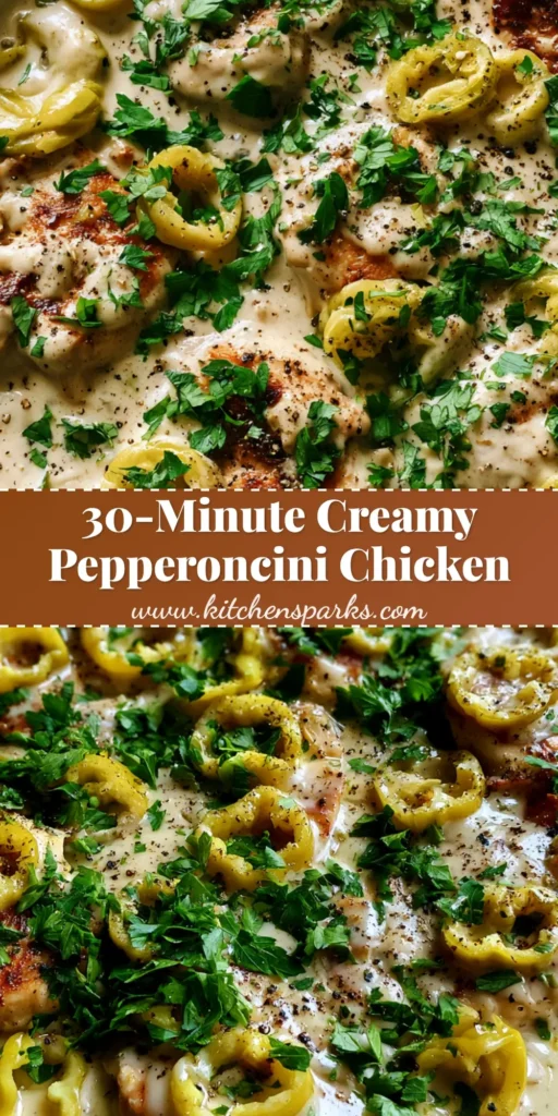 Pepperoncini Chicken Skillet with Creamy Garlic Sauce 4 A rustic black cast iron skillet containing seared chicken medallions in a creamy ivory sauce with yellow pepperoncini rings and green parsley. (Pepperoncini Chicken Skillet)