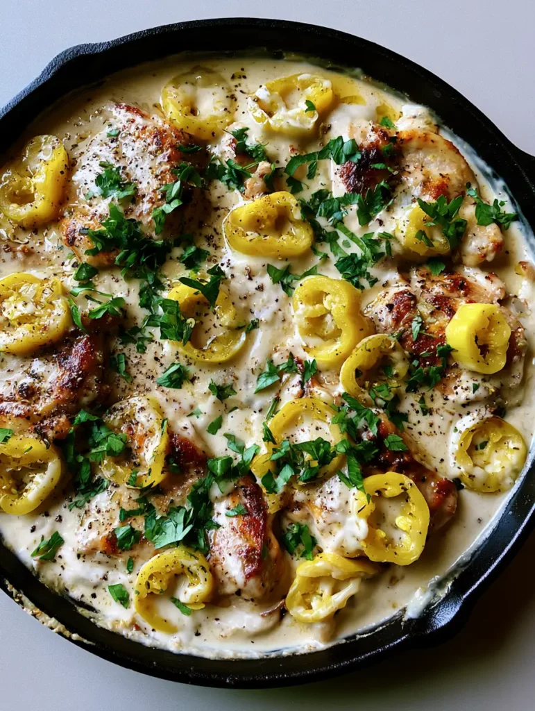 Handheld photo of a golden-brown Pepperoncini Chicken Skillet in a cast iron pan on a grey surface. (Pepperoncini Chicken Skillet)