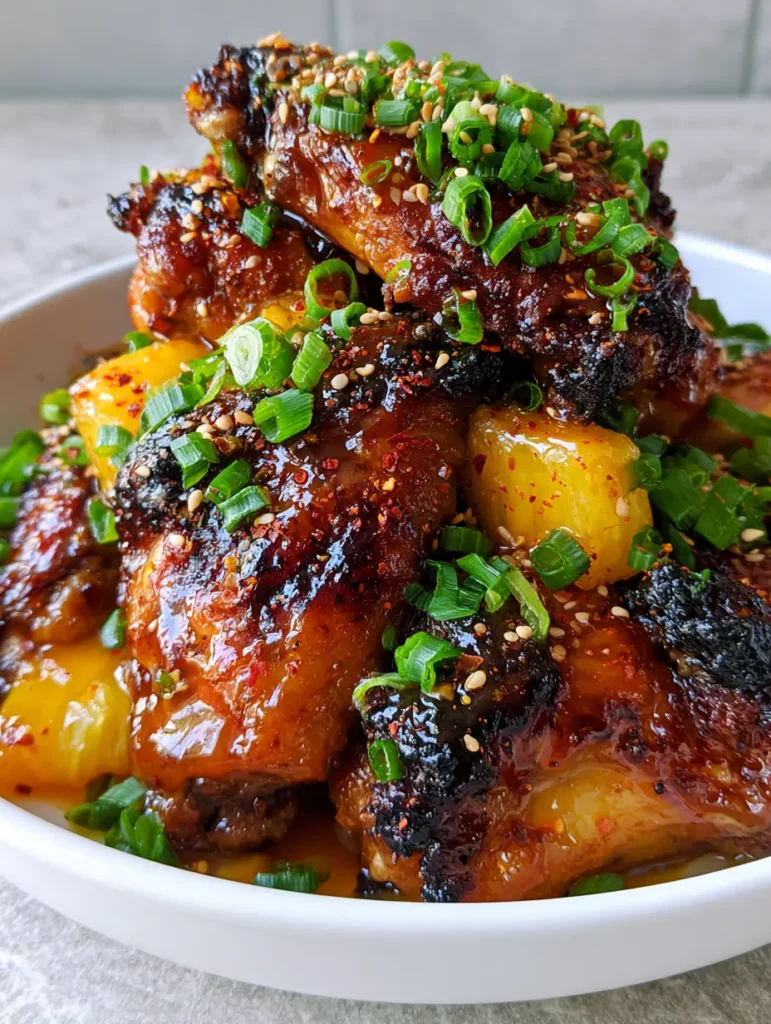 Brown Sugar Pineapple Wings: The Ultimate Sticky Amber Glaze Recipe 1 Top down view of Brown Sugar Pineapple Wings garnished with scallions and chili flakes.