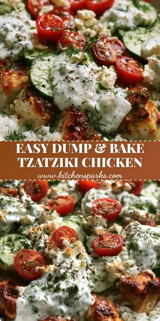 Dump and Bake Chicken Tzatziki: The Ultimate One-Pan Mediterranean Casserole 4 A handheld smartphone photo of Dump and Bake Chicken Tzatziki in a white ceramic dish featuring seared chicken, fluffy rice, and fresh Mediterranean toppings.