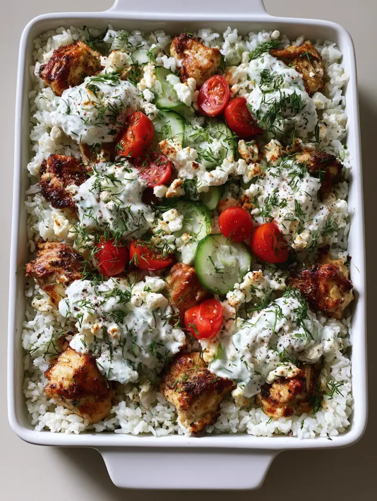 Home 6 Close-up of golden seared chicken breast chunks and fluffy white rice in a Dump and Bake Chicken Tzatziki.