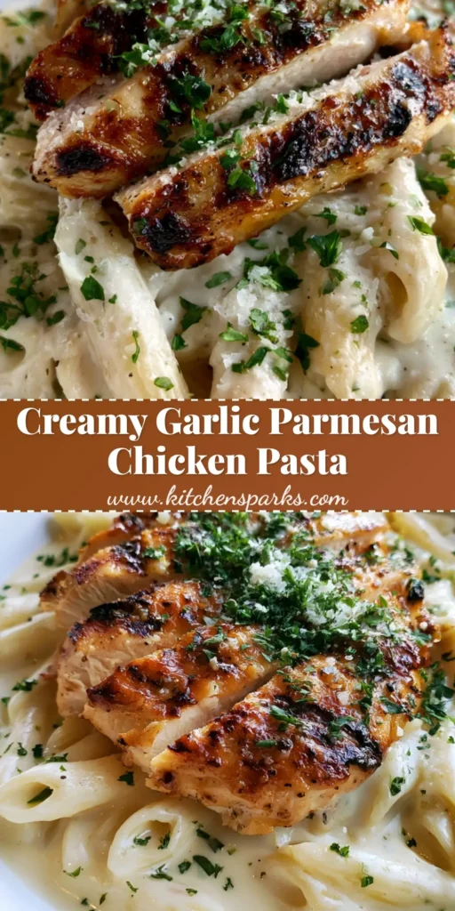 A close-up Pinterest-optimized image of Creamy Garlic Parmesan Chicken Pasta in a shallow bowl, featuring charred chicken slices and fresh parsley.
