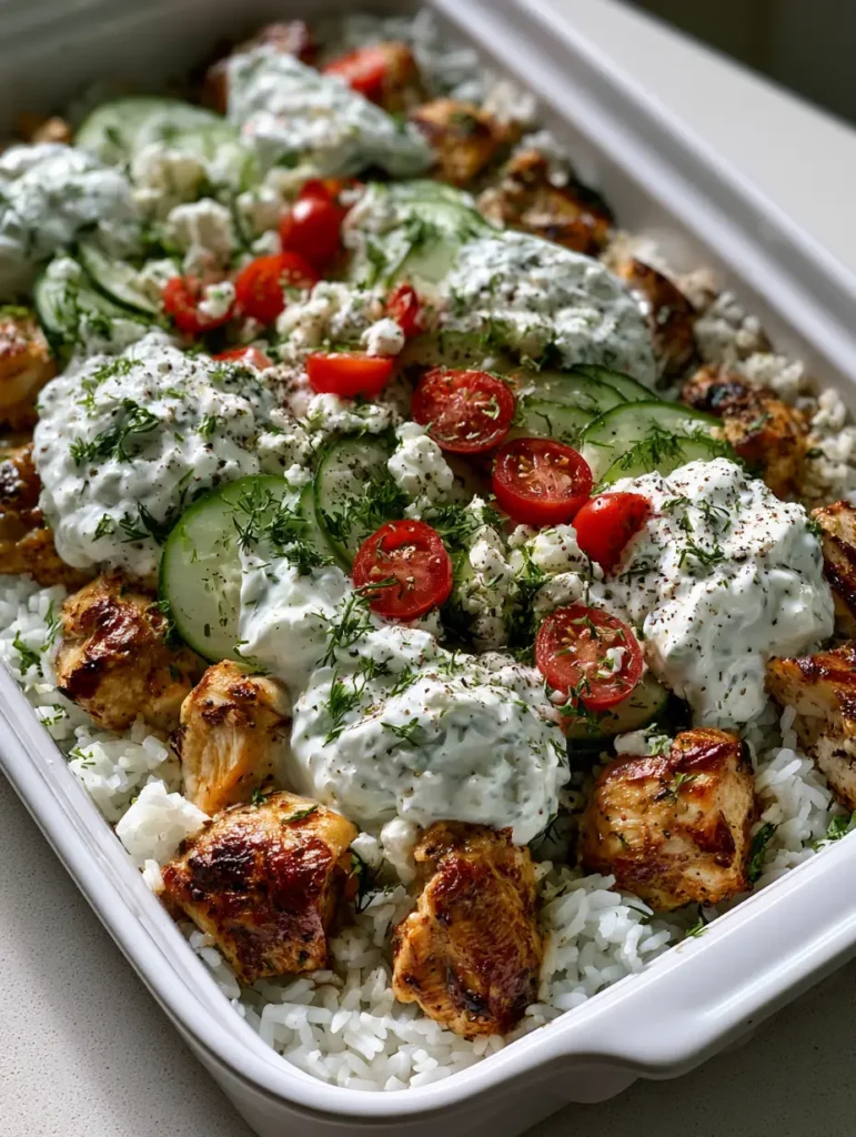 Dump and Bake Chicken Tzatziki: The Ultimate One-Pan Mediterranean Casserole 1 A top-down view of Dump and Bake Chicken Tzatziki garnished with fresh dill, cucumbers, and cherry tomatoes.