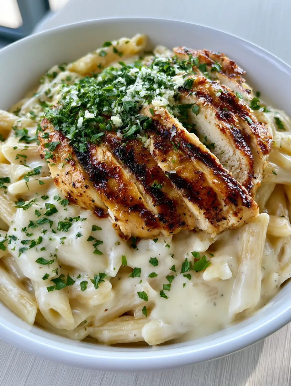 A handheld smartphone photo of Creamy Garlic Parmesan Chicken Pasta showing a thick, velvety white sauce and golden-brown charred chicken breast slices.