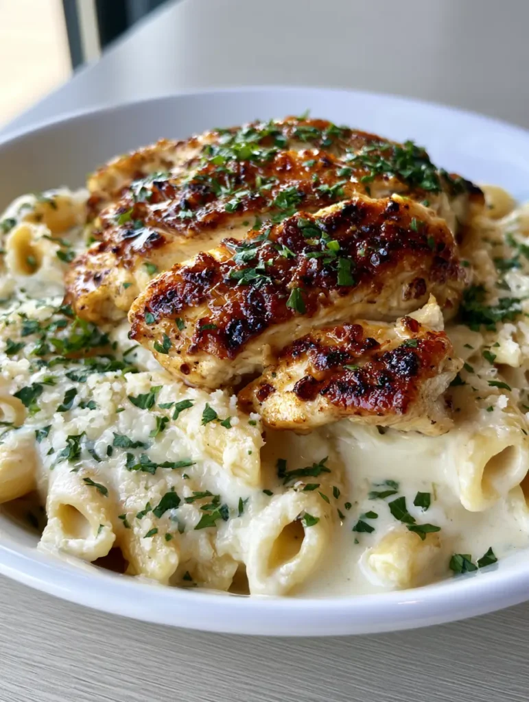 A top-down view of Creamy Garlic Parmesan Chicken Pasta heavily garnished with freshly chopped green parsley and finely grated parmesan cheese.
