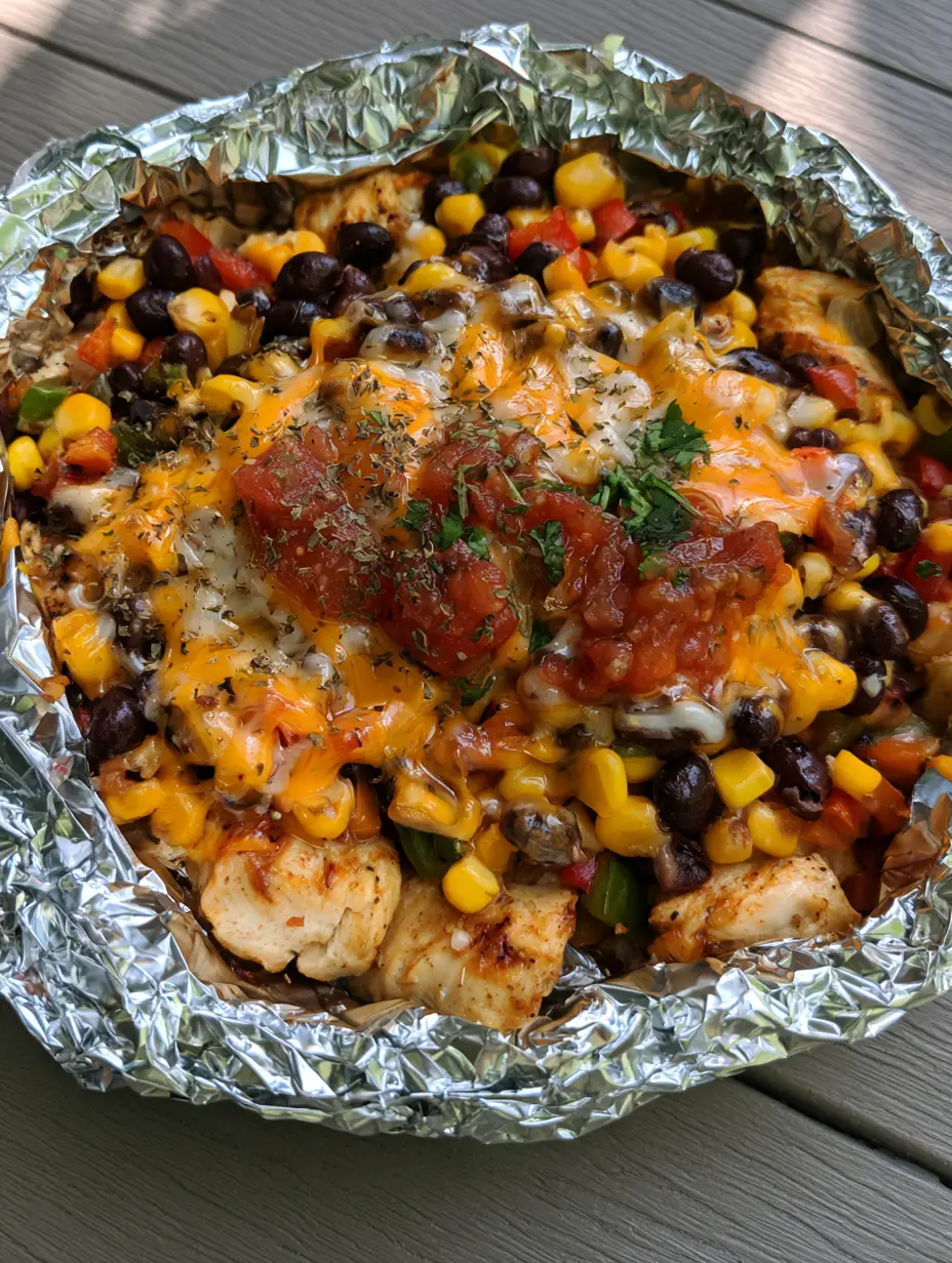 Santa Fe Chicken Foil Packets: The Easiest High-Protein Southwest Dinner 3 Overhead shot of an open foil packet containing seared chicken, corn, beans, and peppers. (Santa Fe Chicken Foil Packets)