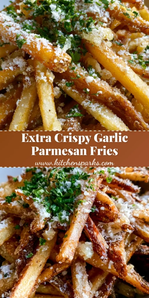 Garlic Parmesan Fries That Rival Your Favorite Gastropub 4 A tall pile of crispy Garlic Parmesan Fries in a white bowl garnished with fresh parsley and translucent garlic bits.