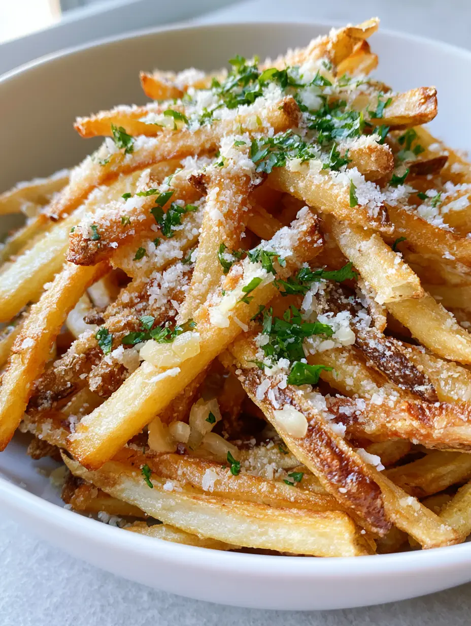Garlic Parmesan Fries That Rival Your Favorite Gastropub 3 Close-up of golden brown thin-cut Garlic Parmesan Fries with powdery cheese and green parsley.