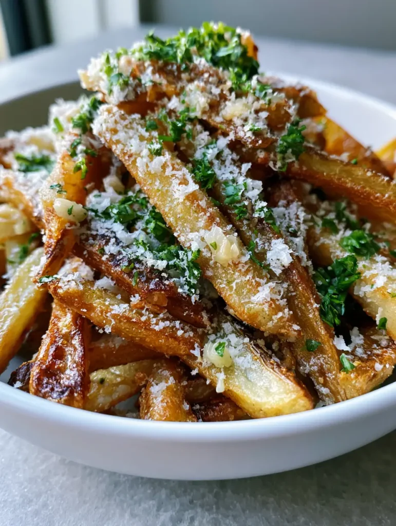 Garlic Parmesan Fries That Rival Your Favorite Gastropub 1 A bowl of Garlic Parmesan Fries showing translucent bits of minced garlic adhering to the potato skins.