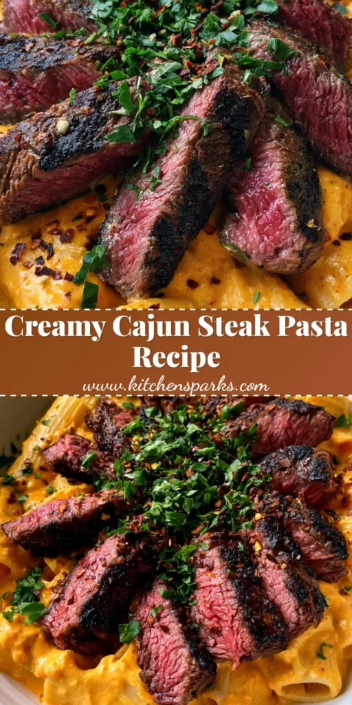 Cajun Steak Pasta with Seared Ribeye and Creamy Parmesan Sauce 3 A top-down view of a white bowl filled with orange-tinted Cajun Steak Pasta, topped with seared ribeye strips and parsley.