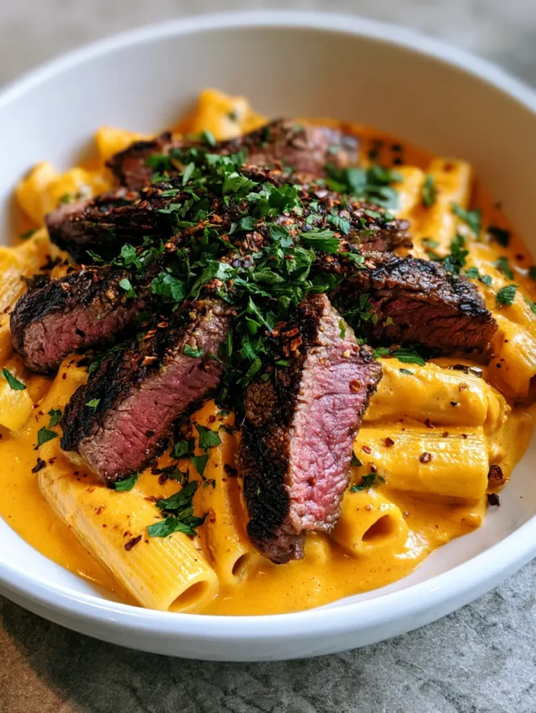 Close-up of rigatoni pasta coated in a thick orange Cajun sauce with charred steak slices. (Cajun Steak Pasta)