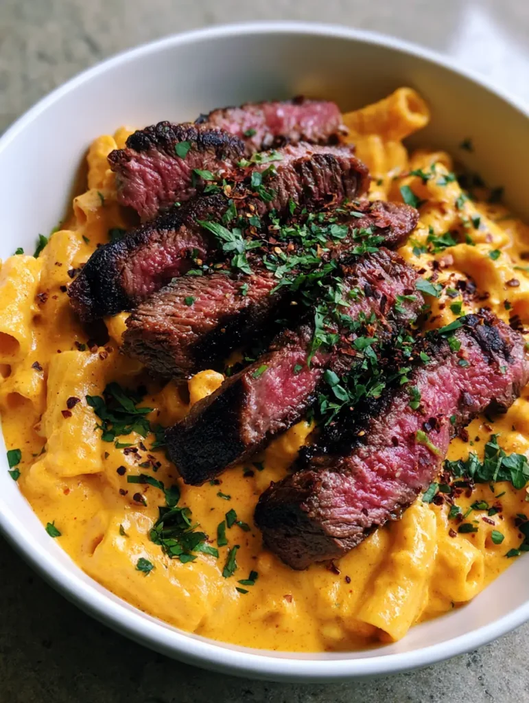 Cajun Steak Pasta with Seared Ribeye and Creamy Parmesan Sauce 1 A handheld smartphone photo of Cajun Steak Pasta in a white bowl on a gray stone surface.