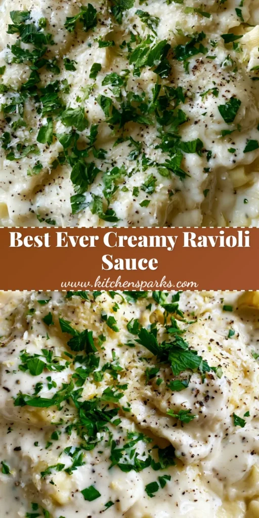 A top-down view of a shallow white bowl containing square ravioli drenched in a thick Garlic Parmesan Ravioli Sauce, garnished with parsley and pepper.