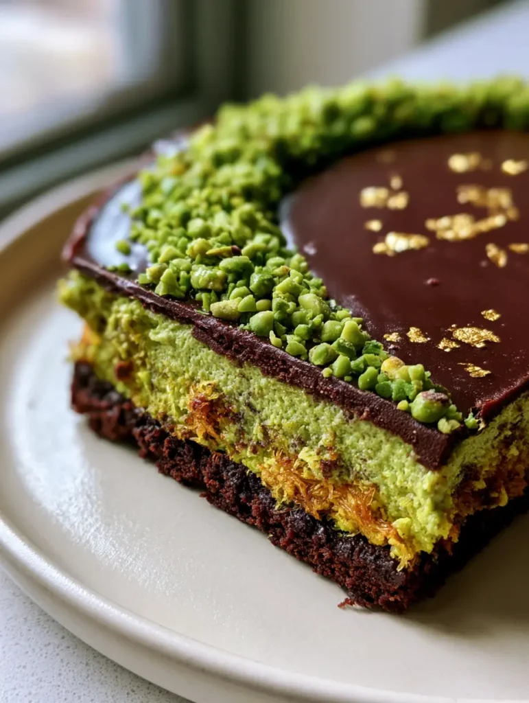 Handheld photo of a slice of Dubai Chocolate Pistachio Tart on an off-white plate, highlighting the lime-green interior and gold leaf flakes.