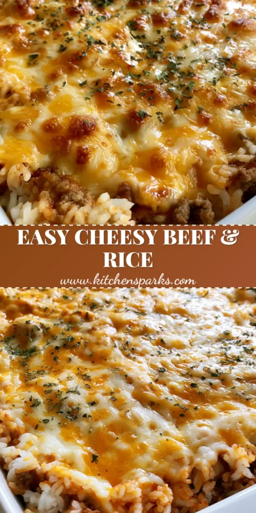 Ground Beef and Rice Casserole: The Ultimate Cheesy Comfort Bake 3 A bubbling rectangular Ground Beef and Rice Casserole in a white ceramic dish, topped with toasted sharp cheddar cheese and dried green herbs.