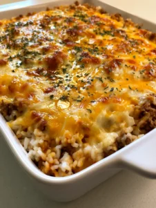 High-angle shot of Ground Beef and Rice Casserole showing fluffy grains and savory tomato sauce under melted cheese.