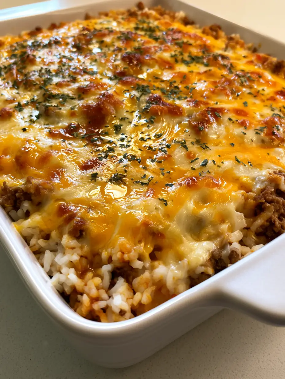 Ground Beef and Rice Casserole: The Ultimate Cheesy Comfort Bake 4 High-angle shot of Ground Beef and Rice Casserole showing fluffy grains and savory tomato sauce under melted cheese.