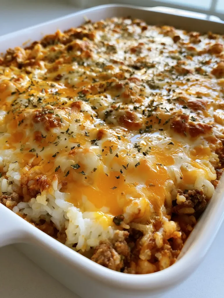 Ground Beef and Rice Casserole: The Ultimate Cheesy Comfort Bake 1 Close-up of golden-brown cheese toasted spots and dried herbs on a Ground Beef and Rice Casserole.