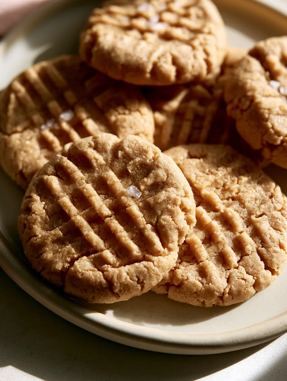 Close-up of a matte finish Oat Flour Peanut Butter Cookie showing the tender, slightly crinkled edges and light golden-brown color. (Oat Flour Peanut Butter Cookies)
