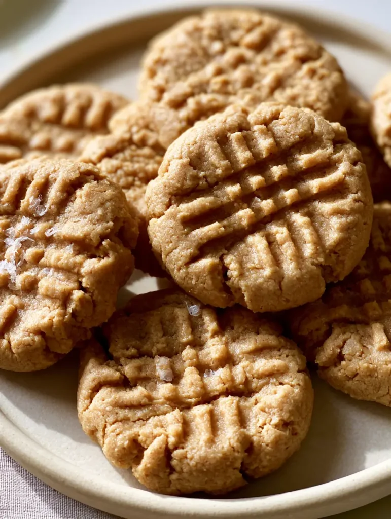 Oat Flour Peanut Butter Cookies: Thick, Soft, and Gluten-Free 1 Several Oat Flour Peanut Butter Cookies resting on an off-white ceramic plate under natural daylight, highlighting the cross-hatch texture. (Oat Flour Peanut Butter Cookies)