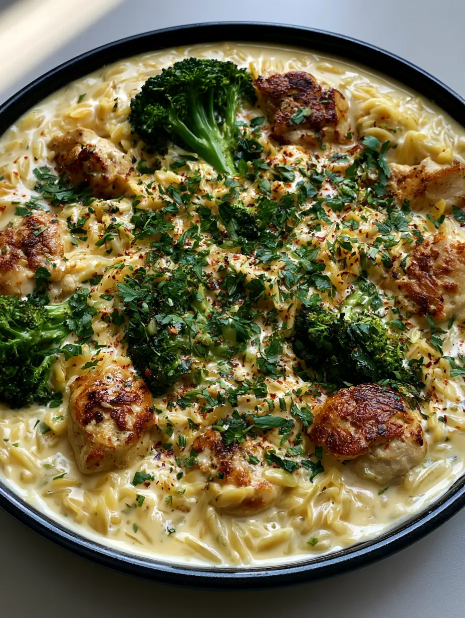 Close up photo of glossy cheddar cheese sauce coating orzo pasta with visible sear marks on chicken chunks in a One-Pot Chicken and Broccoli Orzo dish.