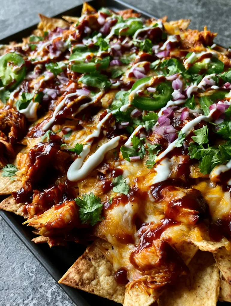 Smartphone photo of BBQ chicken nachos on a dark tray, highlighting the zig-zag of ranch and extra BBQ sauce.