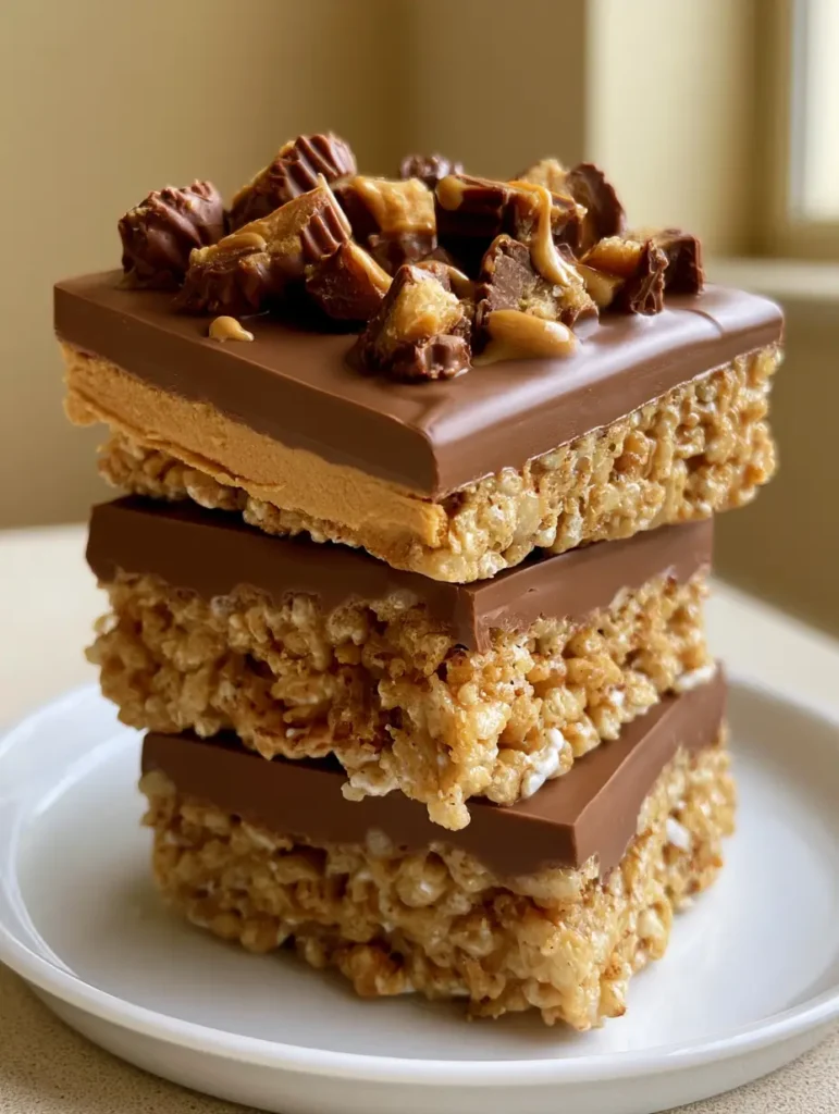 Close-up of stacked Reese's Peanut Butter Rice Krispie Treats with a glossy chocolate top and peanut butter cups.