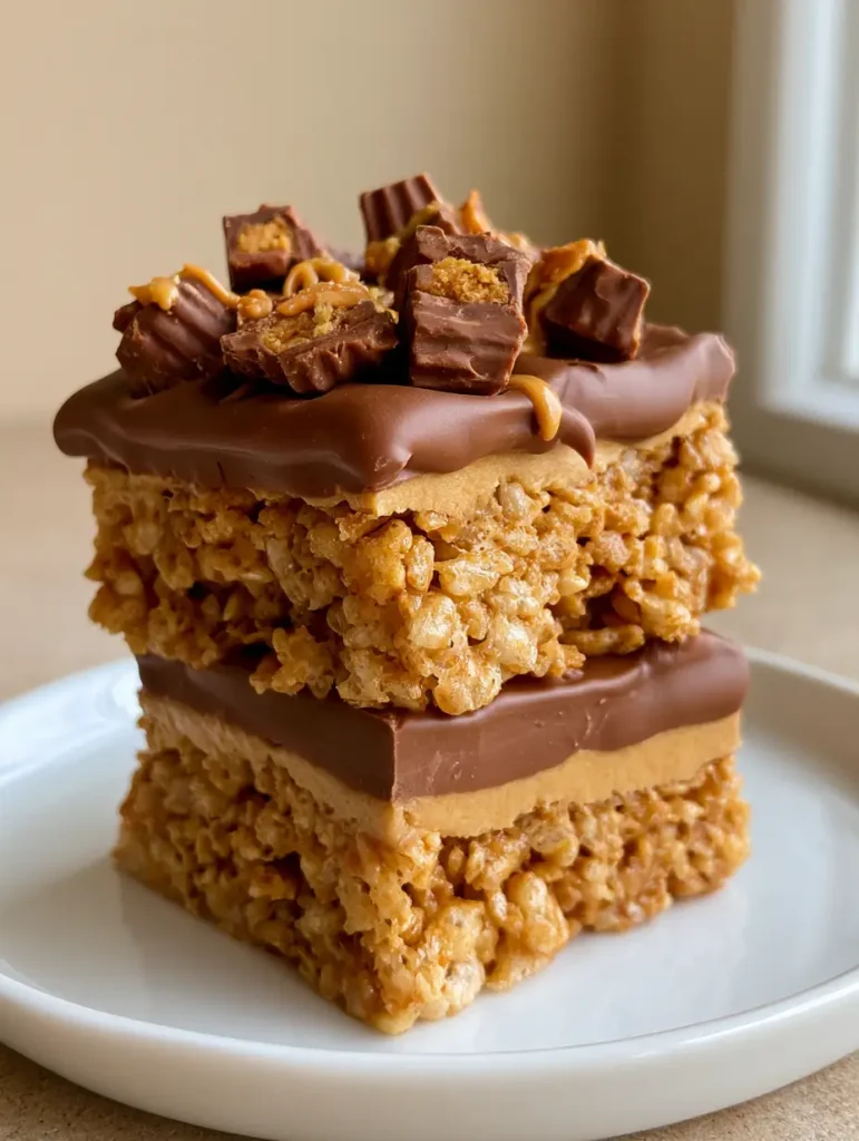 Reese's Peanut Butter Rice Krispie Treats: The Ultimate No-Bake Layered Dessert 1 A handheld smartphone photo of Reese's Peanut Butter Rice Krispie Treats on a white plate.