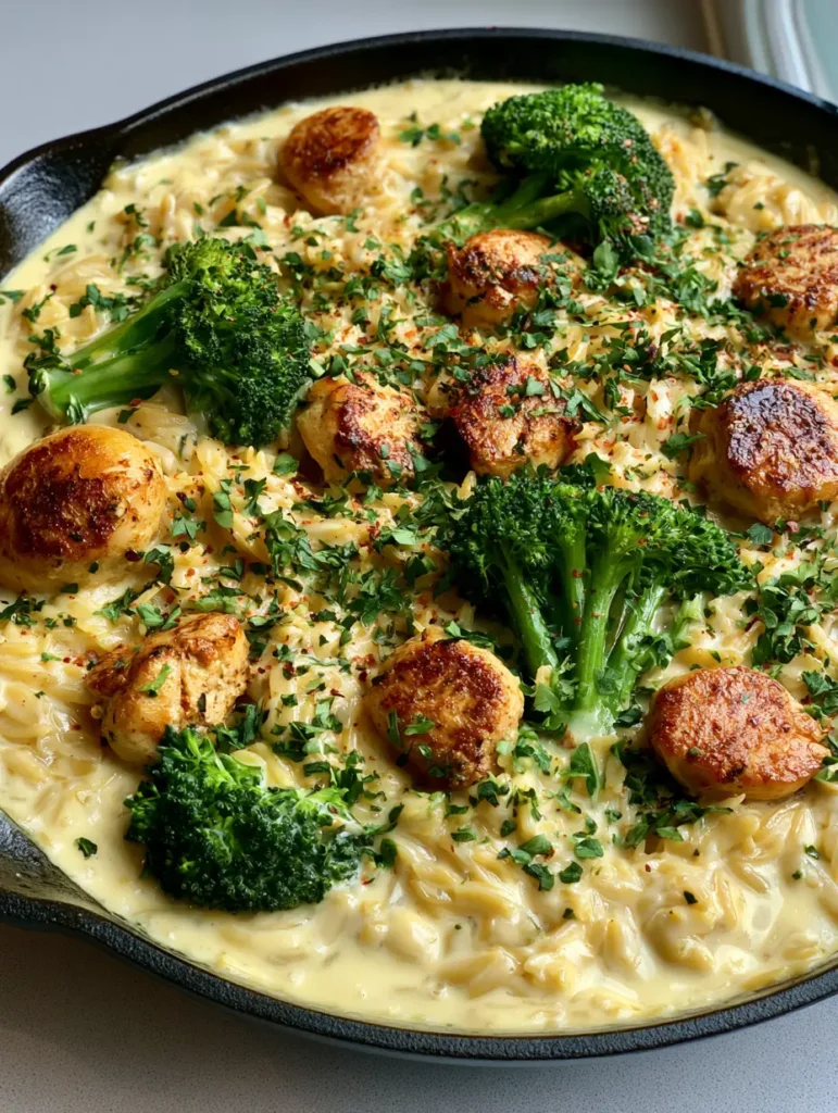 Top down view of One-Pot Chicken and Broccoli Orzo in a cast iron pan, showing fresh parsley and red pepper flake garnishes.