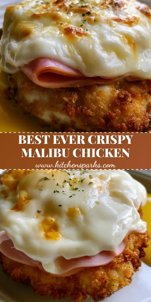 A single portion of Crispy Malibu Chicken on a white plate, showing the thick panko crust, folded ham, and melted bubbling Swiss cheese with parsley flecks.