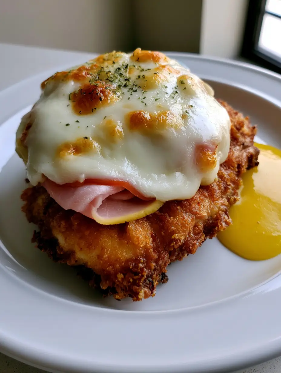 Handheld photo of golden-brown panko-breaded chicken topped with melted Swiss cheese and dried parsley. (Crispy Malibu Chicken)