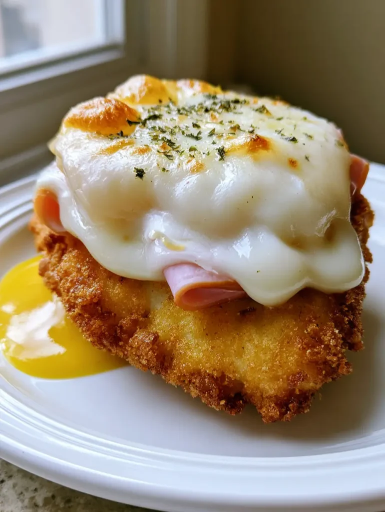 Crispy Malibu Chicken showing the layers of folded ham and browned Swiss cheese edges.