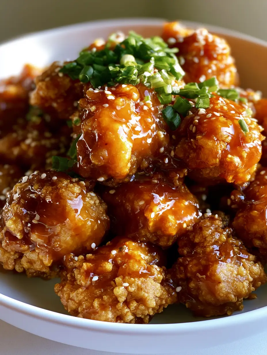 Orange Chicken Recipe: The Ultimate Guide to Crispy, Glossy Perfection 4 Close-up of deep-fried chicken pieces with a craggy texture, generously coated in a sticky orange sauce with sesame seeds. (Orange Chicken Recipe)