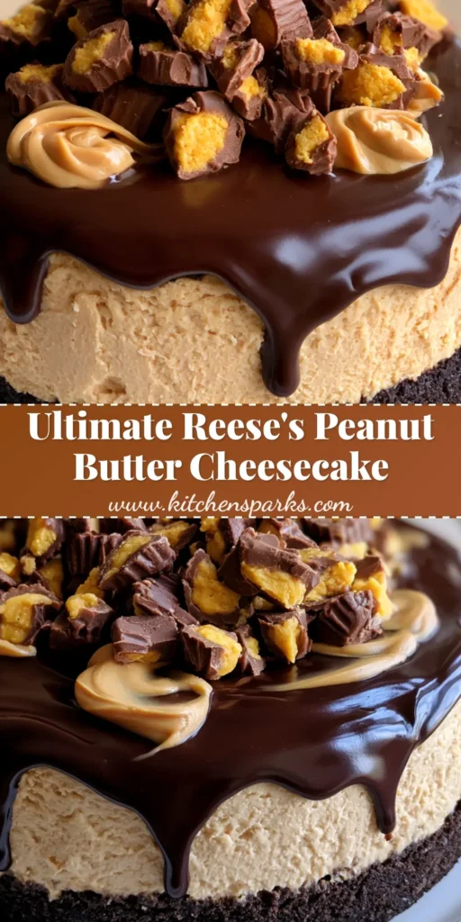 A round Peanut Butter Cheesecake Recipe on a white plate with dark chocolate ganache and Reese's garnish.