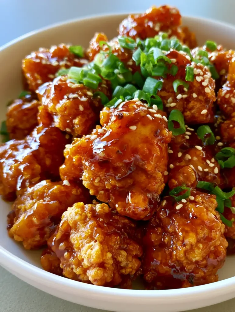 Orange Chicken Recipe: The Ultimate Guide to Crispy, Glossy Perfection 1 Slices of fresh green scallions scattered over glossy, orange-glazed chicken in a neutral white bowl.