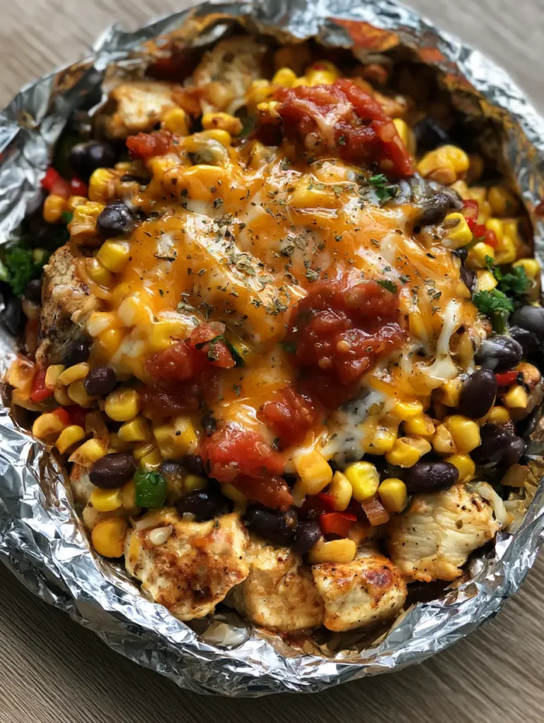 Santa Fe Chicken Foil Packets: The Easiest High-Protein Southwest Dinner 1 A close-up of melted cheddar jack cheese over chunky salsa and peppers in a foil packet.