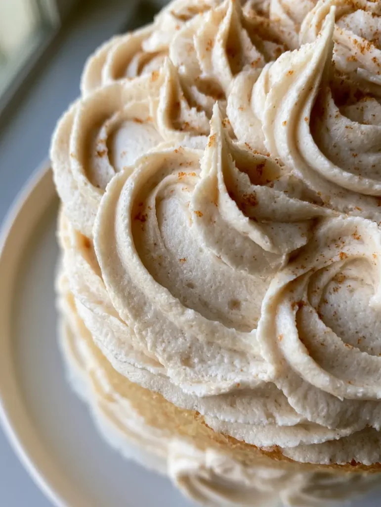 Close-up high-angle shot of thick brown butter buttercream on a golden vanilla cake with amber specks. (brown butter frosting recipe)