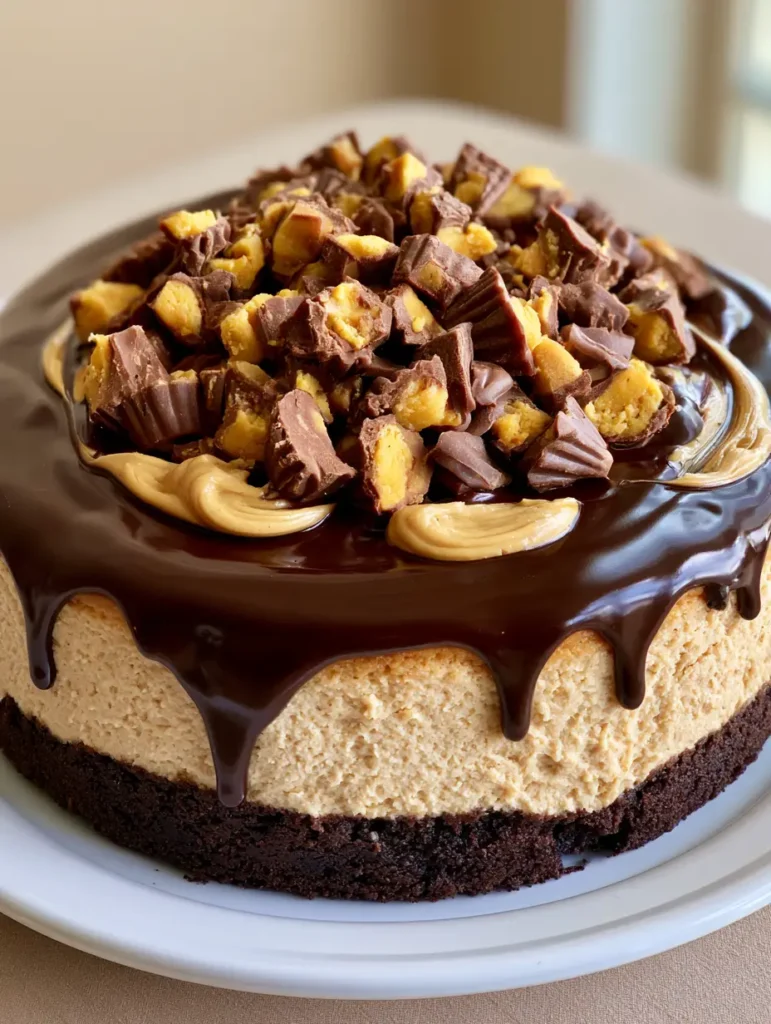Smartphone photo of a Peanut Butter Cheesecake Recipe showing glossy chocolate ganache and thick cookie crust.