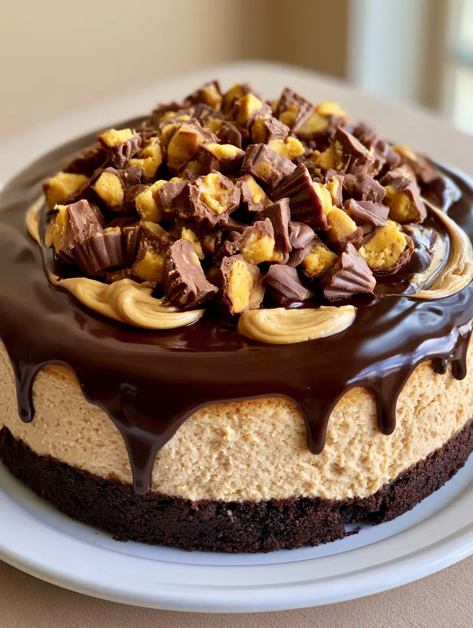 Smartphone photo of a Peanut Butter Cheesecake Recipe showing glossy chocolate ganache and thick cookie crust.