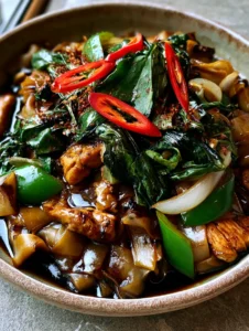 Close-up handheld smartphone photo of Thai Drunken Noodles with glossy dark sauce and charred noodle edges.