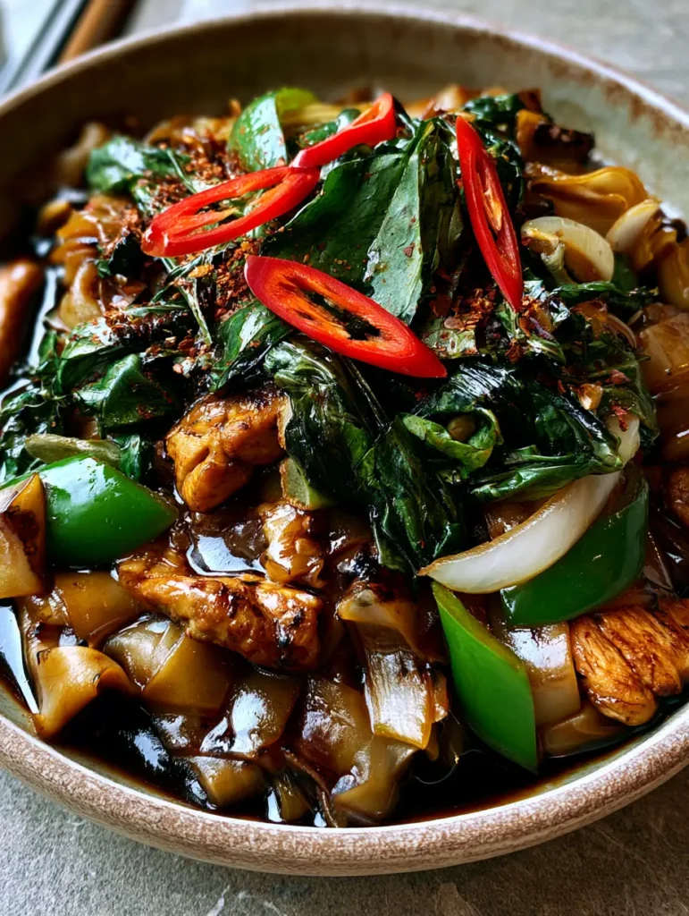Close-up handheld smartphone photo of Thai Drunken Noodles with glossy dark sauce and charred noodle edges.