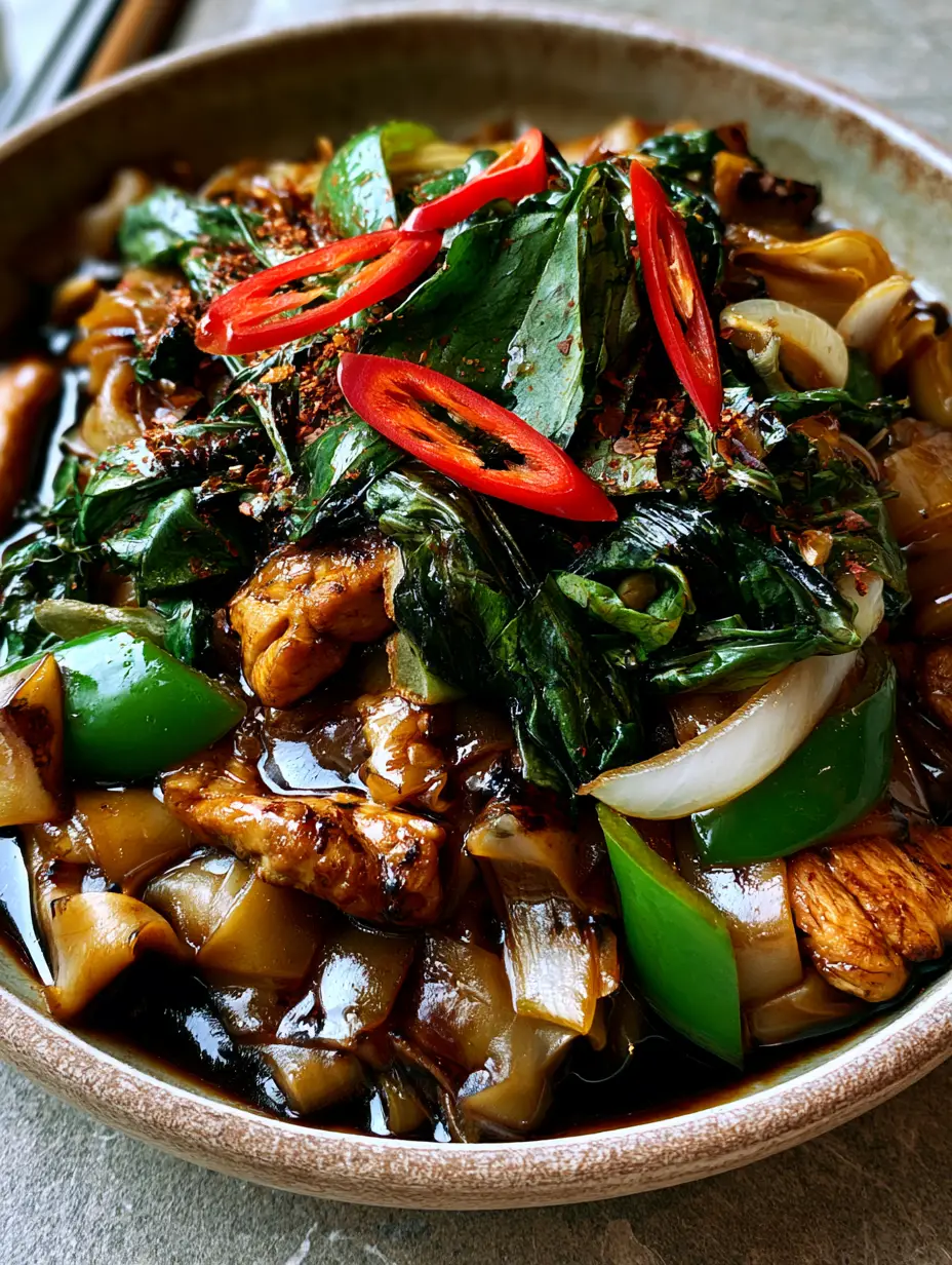 Close-up handheld smartphone photo of Thai Drunken Noodles with glossy dark sauce and charred noodle edges.