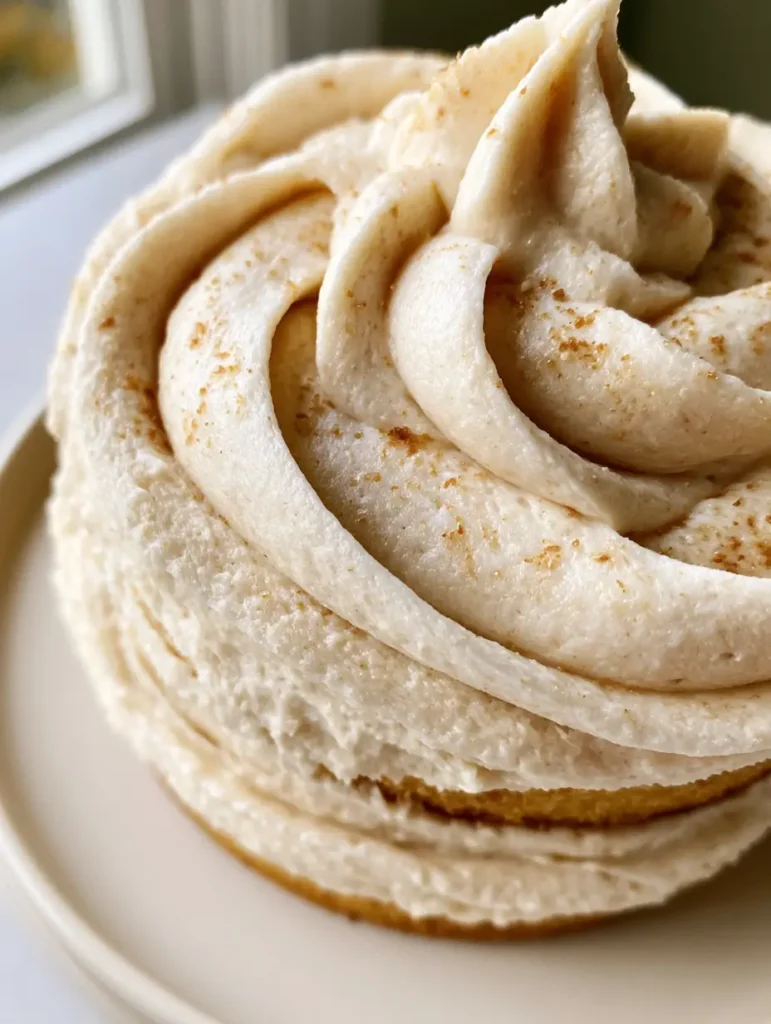 Top-down view of a vanilla cake frosted with ivory brown butter buttercream on a white ceramic plate.