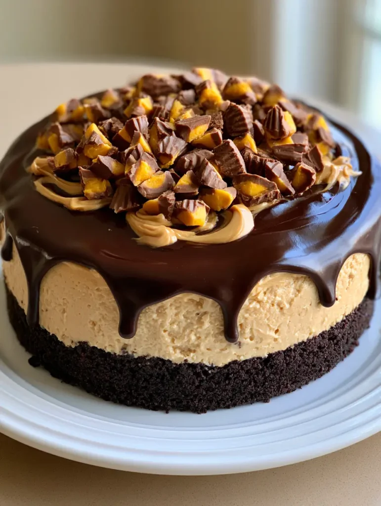 Close up of chopped Reese's peanut butter cups on top of a Peanut Butter Cheesecake Recipe.