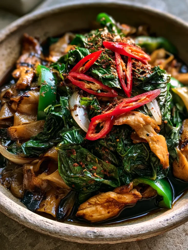 Wide view of Thai Drunken Noodles in a shallow rustic bowl showing seared chicken breast and wilted Thai basil leaves.