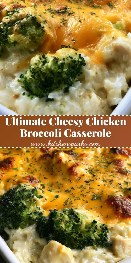 A close-up of a Chicken Broccoli Rice Casserole in a ceramic dish showing golden toasted cheese and bright green broccoli.