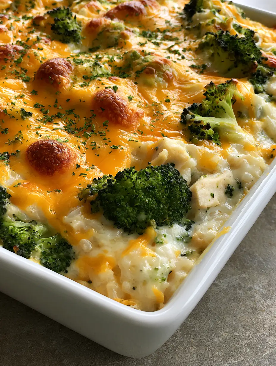 High-angle shot of a Chicken Broccoli Rice Casserole with visible moist chicken chunks and dense cream sauce.