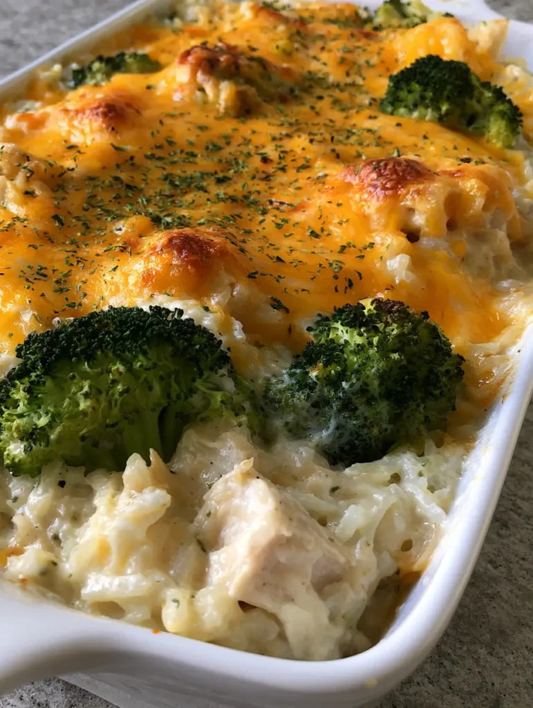 Close-up of bubbling brown toasted cheese spots on top of a Chicken Broccoli Rice Casserole.
